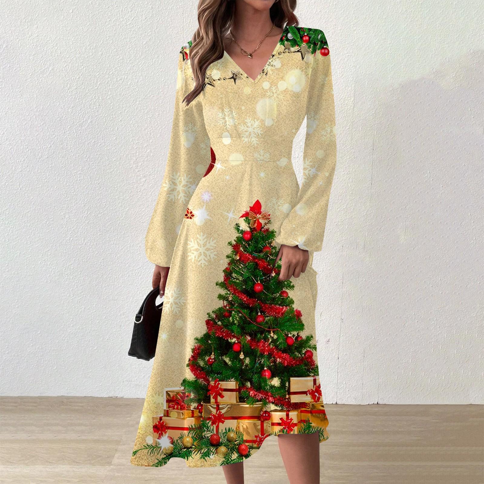 

Женское осеннее и зимнее повседневное модное длинное платье с v-образным вырезом и длинным рукавом с принтом рождественской елки XL бежевый