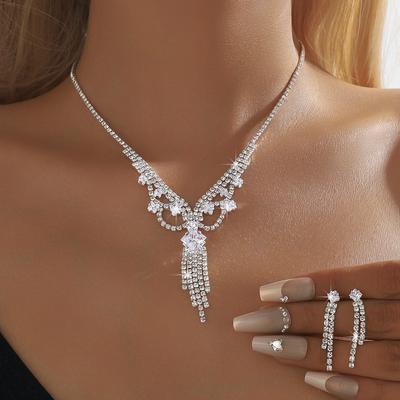 Super Flash Full Diamond Tassel Diamond Necklace Personalized Fashion Temperament Collarbone Chain Light Luxury High-End Jewelry Set