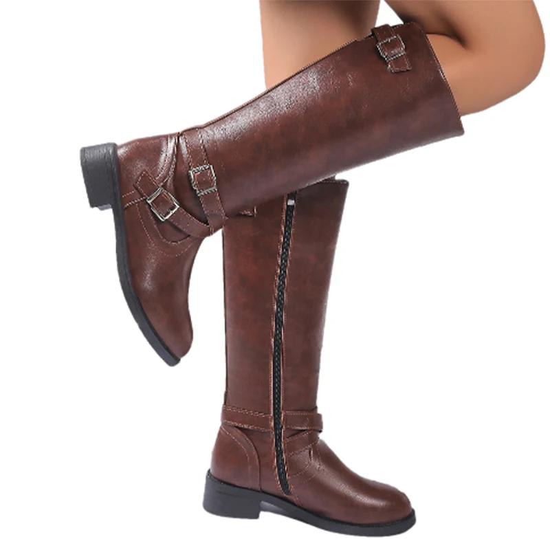 Women Leather High Boots Fashion Knee High Shoes Woman 2025 Trend Winter Designer New Low Heels Motorcycle Boots Mujer Botas
