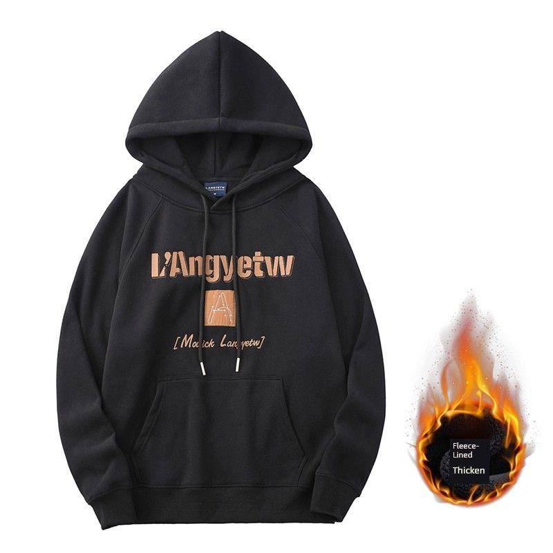 American 420G Carbon Brushed Machine Embroidery Sweatshirt Men s Autumn and Winter Fleece-lined Thickened Export Cattle Goods Hooded Outwear Black L