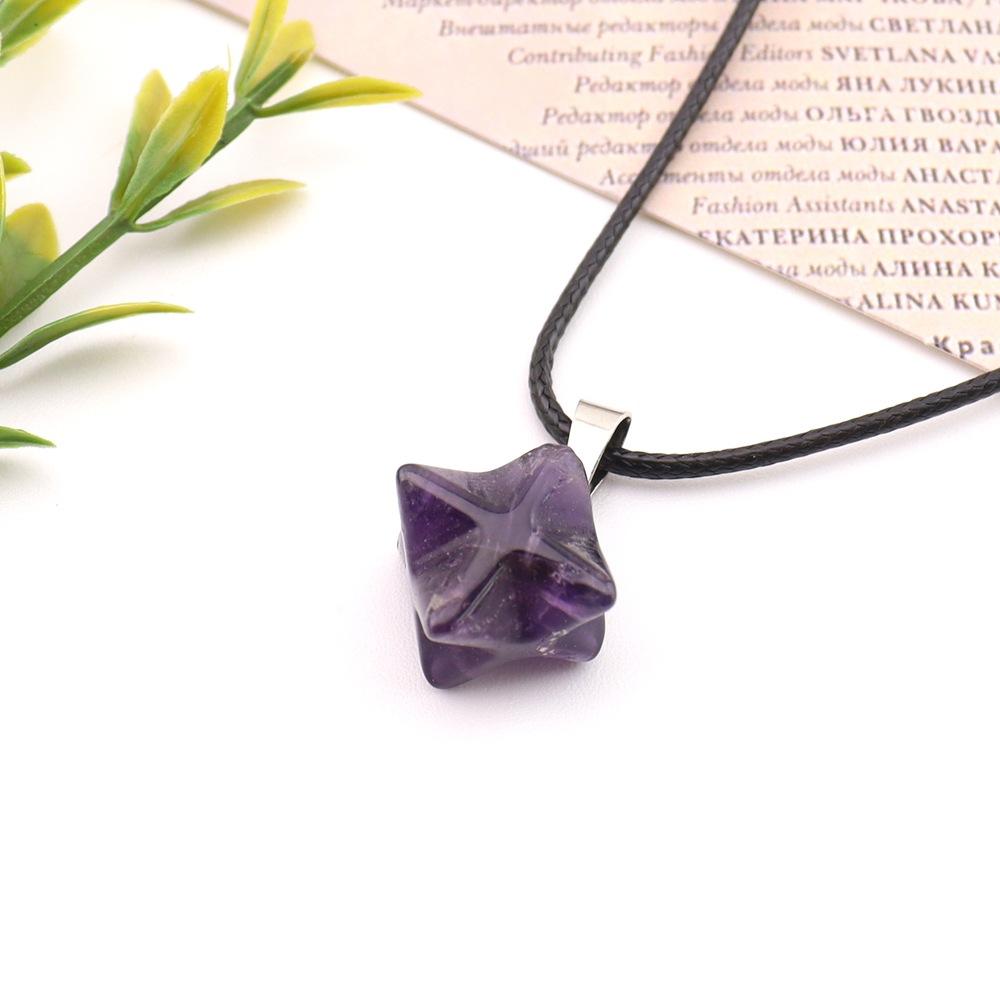 Natural Stone Crystal Agate, Large 24Mm Kabar Star Amethyst Pendant, Geometric Hexagram Necklace N757.