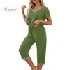 T-shirt Pants Set 2 Pcs/Set Pajamas V Neck Contrast Color Short Sleeve Women Sleepwear Loose Homewear Elastic Waist Cropped Summer Night Clothes