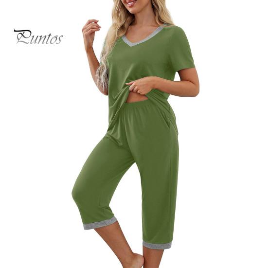 T-shirt Pants Set 2 Pcs/Set Pajamas V Neck Contrast Color Short Sleeve Women Sleepwear Loose Homewear Elastic Waist Cropped Summer Night Clothes