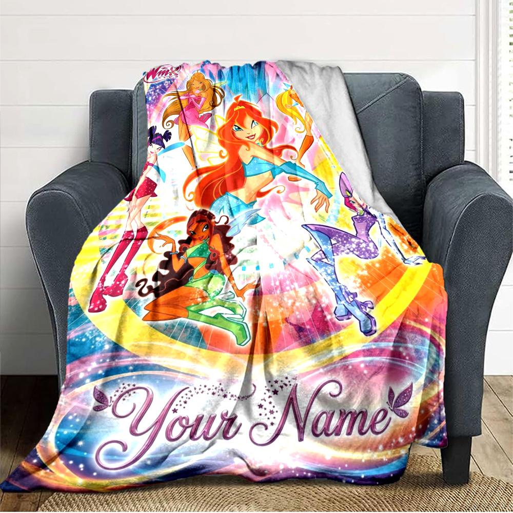 Name Custom Winx Club Cartoon Print Flannel Blanket High Quality Warm Comfortable Cover for All Seasons Perfect for Gifts Home Decor
