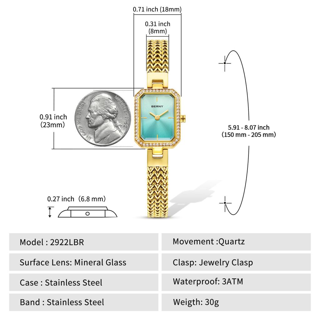 BERNY Watch with Bracelet Crystal Stylish and Luxurious Birthday Gift 3ATM Water Resistant Women's Set, Embellished, -