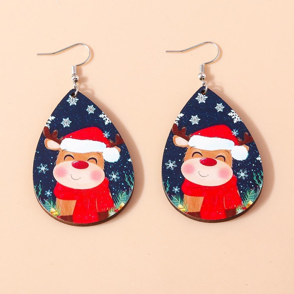 European-American Teardrop Christmas Earrings: Wooden Cartoon Snowman & Reindeer Design