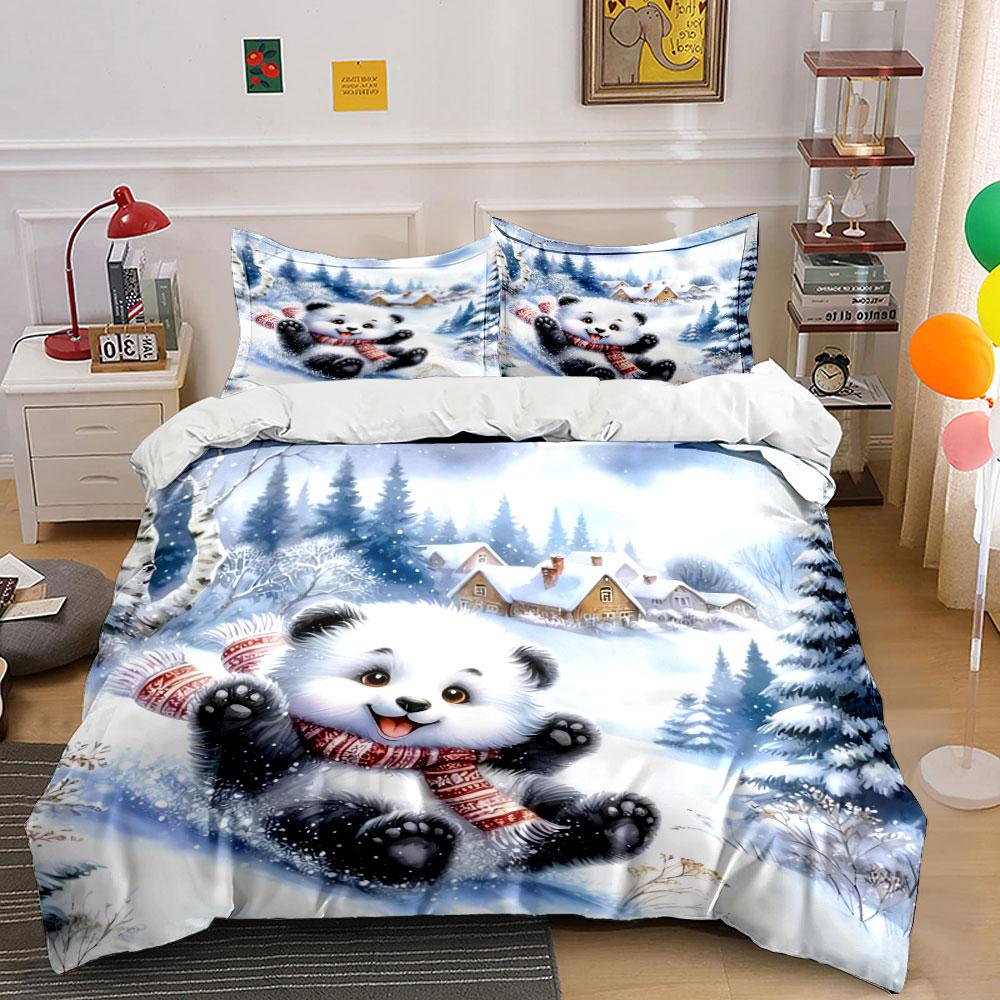 Cartoon-Pandabär Winter-Dekorationsset Weiche, bequeme Bettbezug-Bettwäsche-Set Enthalten 1*Bettbezug & 2*Kissenbezüge, Geschenk