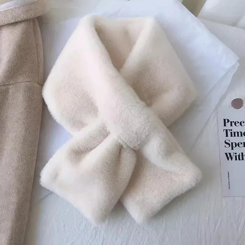 Winter Thicken Rabbit Fur Collar Scarf Women Keep Warm Fur Cross Winter Scarf Autumn Winter Fake Fur Plush Neck Cross Scarf