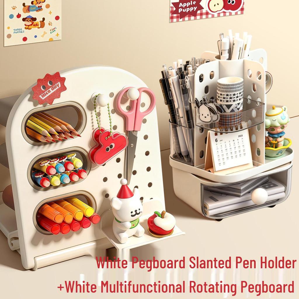 Slanted Pegboard Pen Holder & Large Capacity Desk Organizer for Students and Children