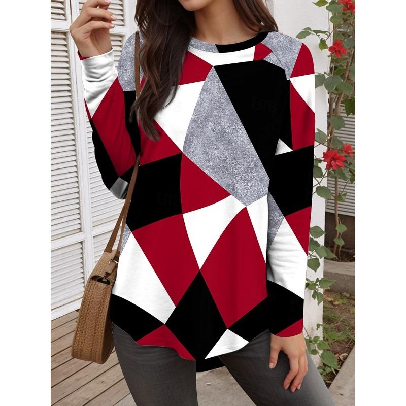 Summer Fashion Women's Graphic Geometric Abstract O-Neck Long Sleeve T-Shirt Casual Tops Womens Clothing Harajuku Pullover