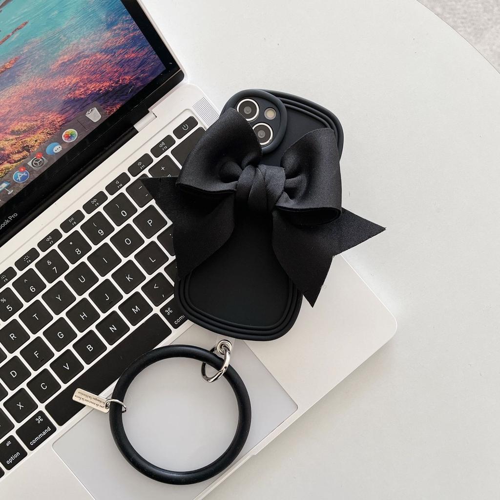 ins sweet bow hanging ring for iPhone15Pro max Apple 13 mobile phone case 11 wavy edge 14 women