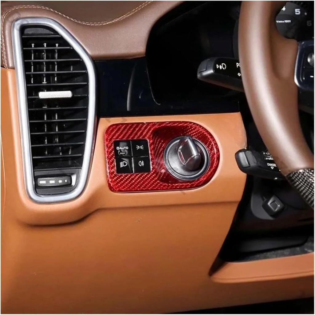 Interior Headlight Switch Frame Cover Sticker Trim Compatible for Porsche Cayenne 2018-2023 Real Carbon Fiber Car Styling Interior Accessories(Red)