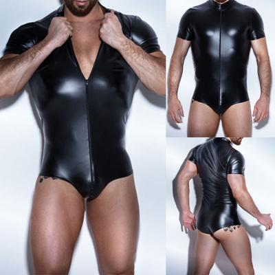 Night Club Sexy Men Short Sleeve Faux Leather Zipper Bodysuit Slim Fit Jumpsuit