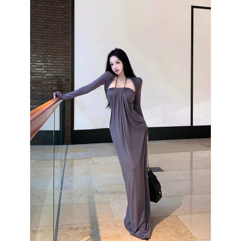 Kumikumi Pure Desire Wind Heavy Industry Woven Twist Outerwear Women Autumn Gray Pleat Hanging Neck Dress Two-piece Set