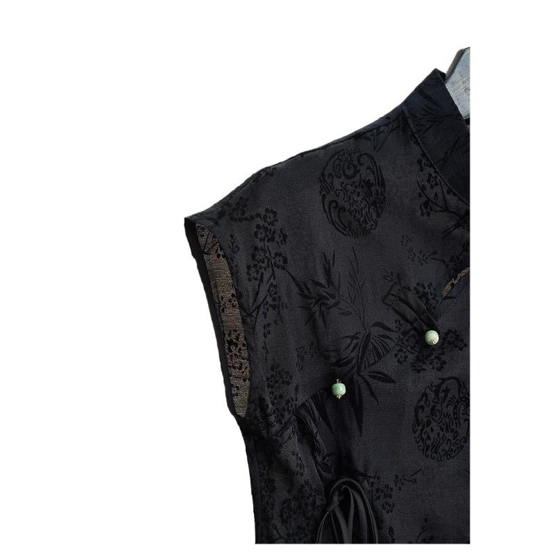 Čínský styl Černé žakárové tričko s krátkým rukávem Dámské Letní Vintage Elegantní halenka