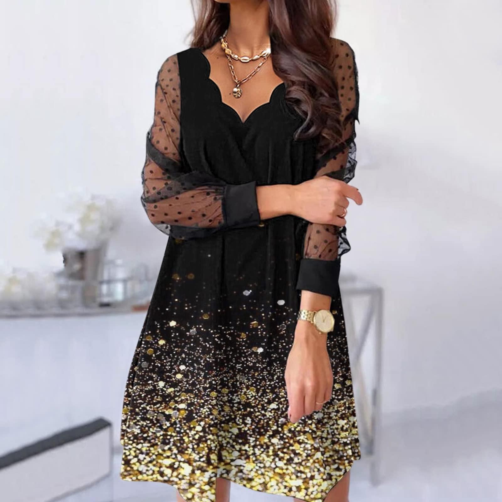 

Ladies Casual Sexy V-neck Printed Tulle High Waist Long Sleeve A-line Dress XL золотий
