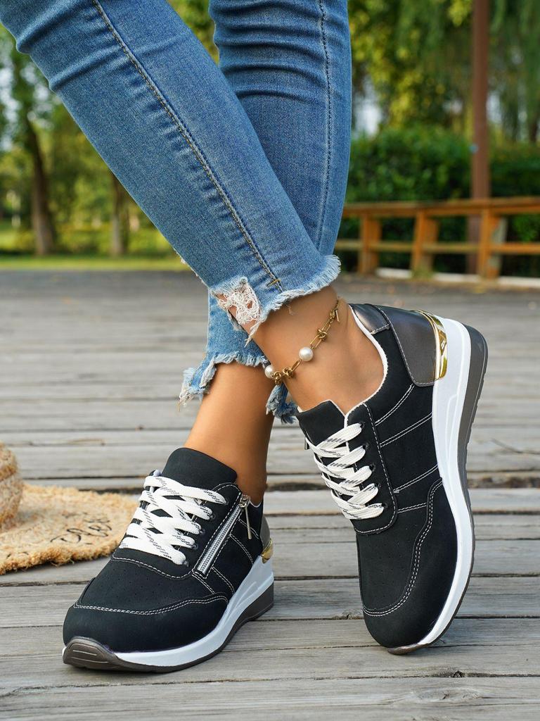 European & American Wedge Heel Fashion Sneakers: Versatile, Plus-Size, Color Block, Thick Sole Casual Shoes for Women