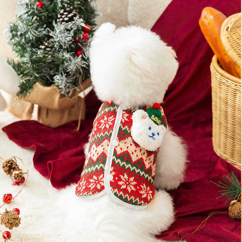 Winter Dog Vest Festive Christmas Dog Sweater 3D Bear Embroidery Red Green Contrast Pet Apparel Sleeveless Outfit Soft Warm Puppy Clothing