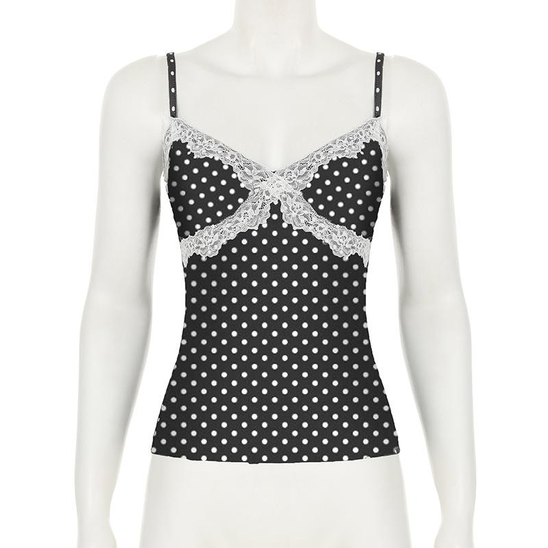 Women's Lace Patchwork Bow Polka Dot Halter Spice Girl Color Contrast Sexy V Neck Waist Vest Top