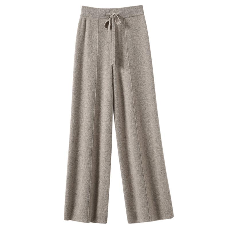 Wool Casual Pants Solid Color Straight Wide Leg Knitting Trousers with Drawstring High Waist Thickened Slacks