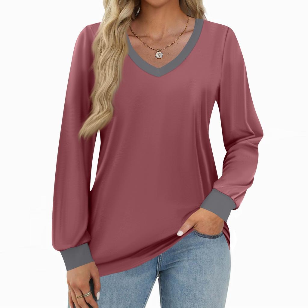 Women's Fashion Casual Long Sleeve Color Block Shirt Women's V-Neck Tops