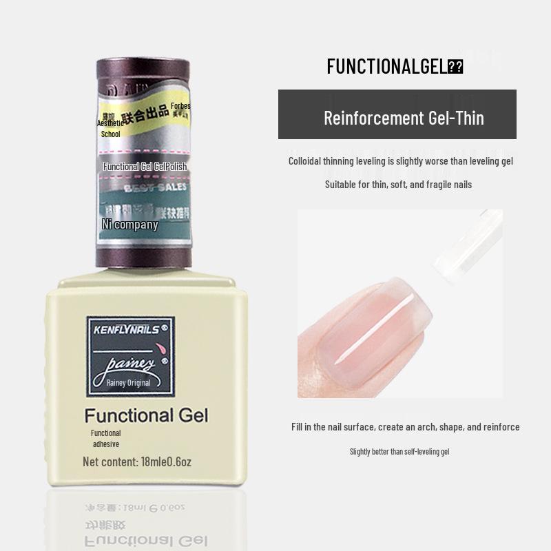 Rainie Nail Gel Builder: Strengthening Base & Tempered Top Coat with Matte Glass Sealer & Nail Tip Adhesive.