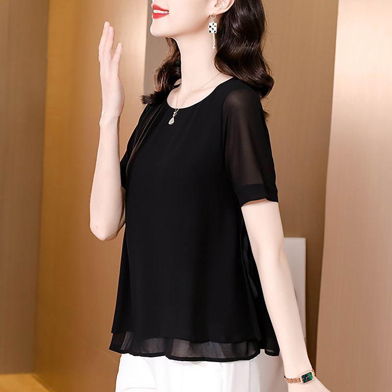 

Летняя шифоновая рубашка для мамы, женская, с круглым вырезом, короткими рукавами, свободный крой, утягивающий топ для женщин среднего возраста 2XL чёрный