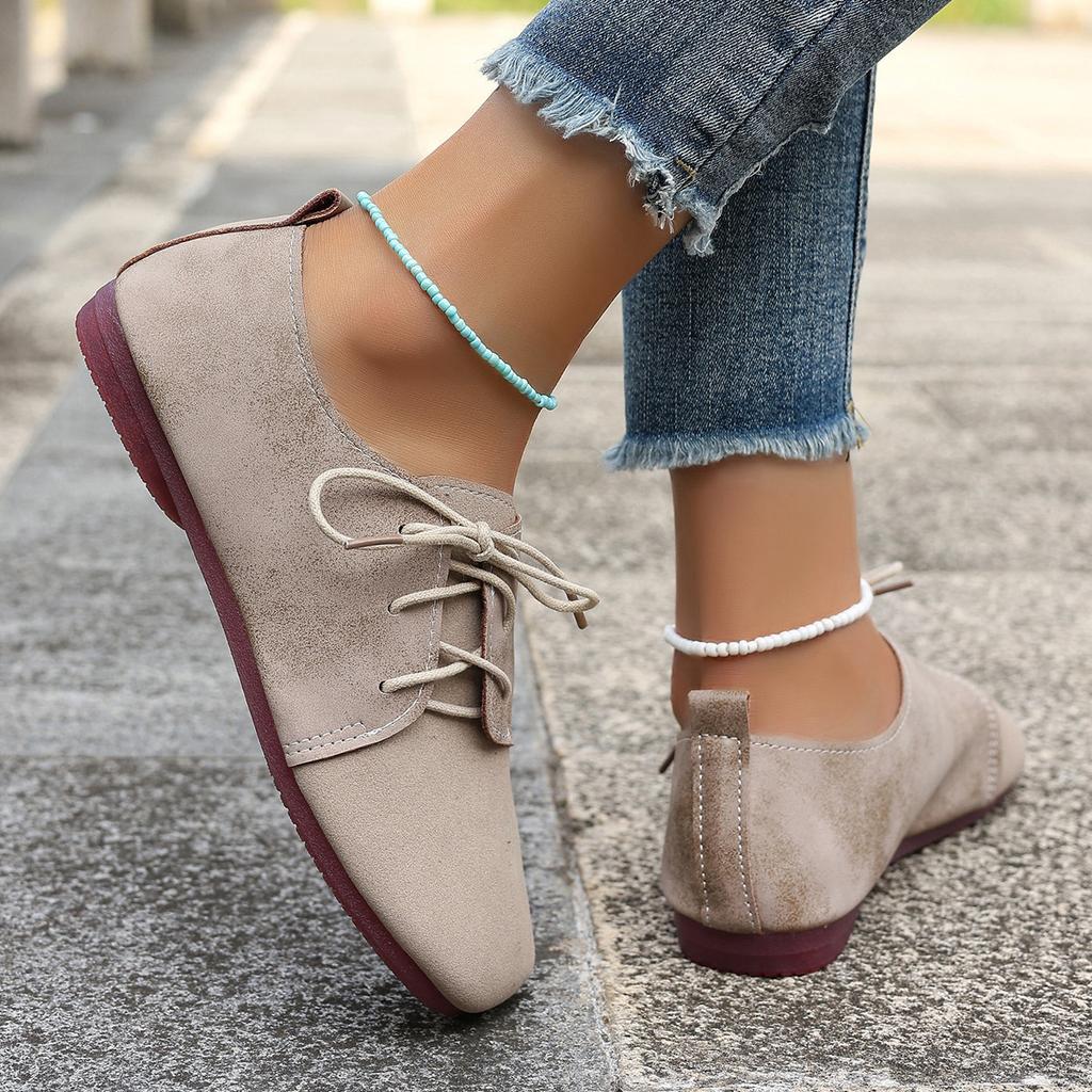 Große Damenschuhe Retro-Stil Flachsohlige Lässige Allround-Damen-Single-Schuhe Niedrig geschnittene Schnürung vorne Erbsenschuhe