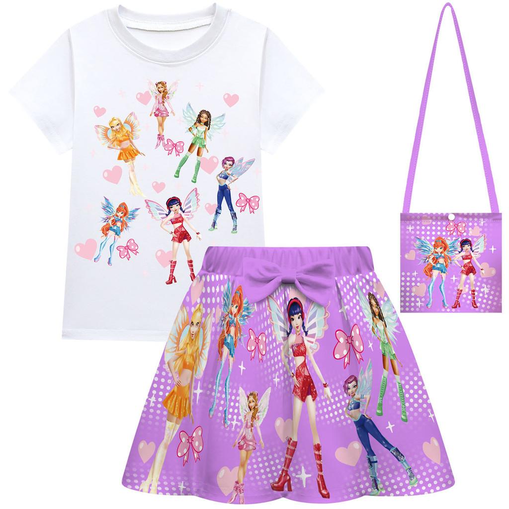 Kids Girls Cartoon Princess KATSEYE Print Short Sleeves T-Shirt Skirt Bag Set