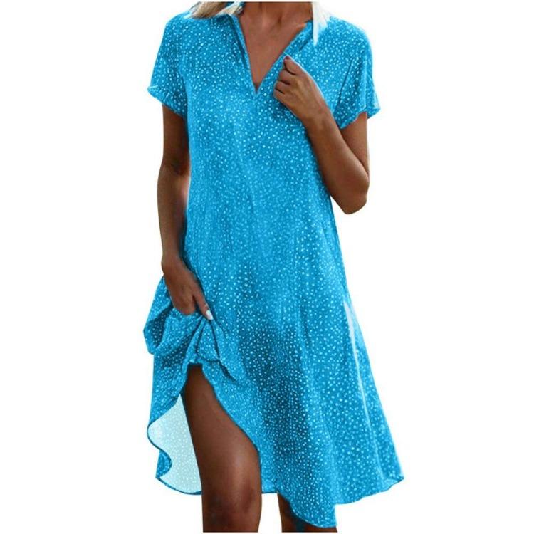 Summer Women Casual Loose Fit V Neck Short Sleeve Printed Long Dress for Outdoor Fashion