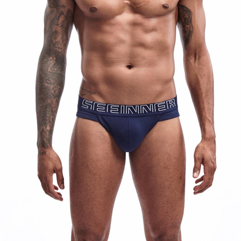 

Men s solid color simple high fork sexy cotton briefs trendy men s threaded cotton briefs XXL темно-синього кольору