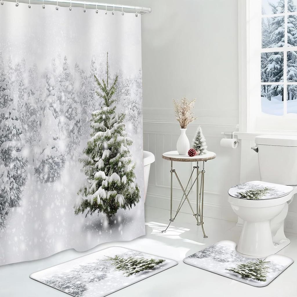 4Pcs Bathroom Shower Curtain Set Christmas tree Bathroom Curtain With 12 Hooks Non Slip Rugs Toilet Cover Mat Bathroom Partition