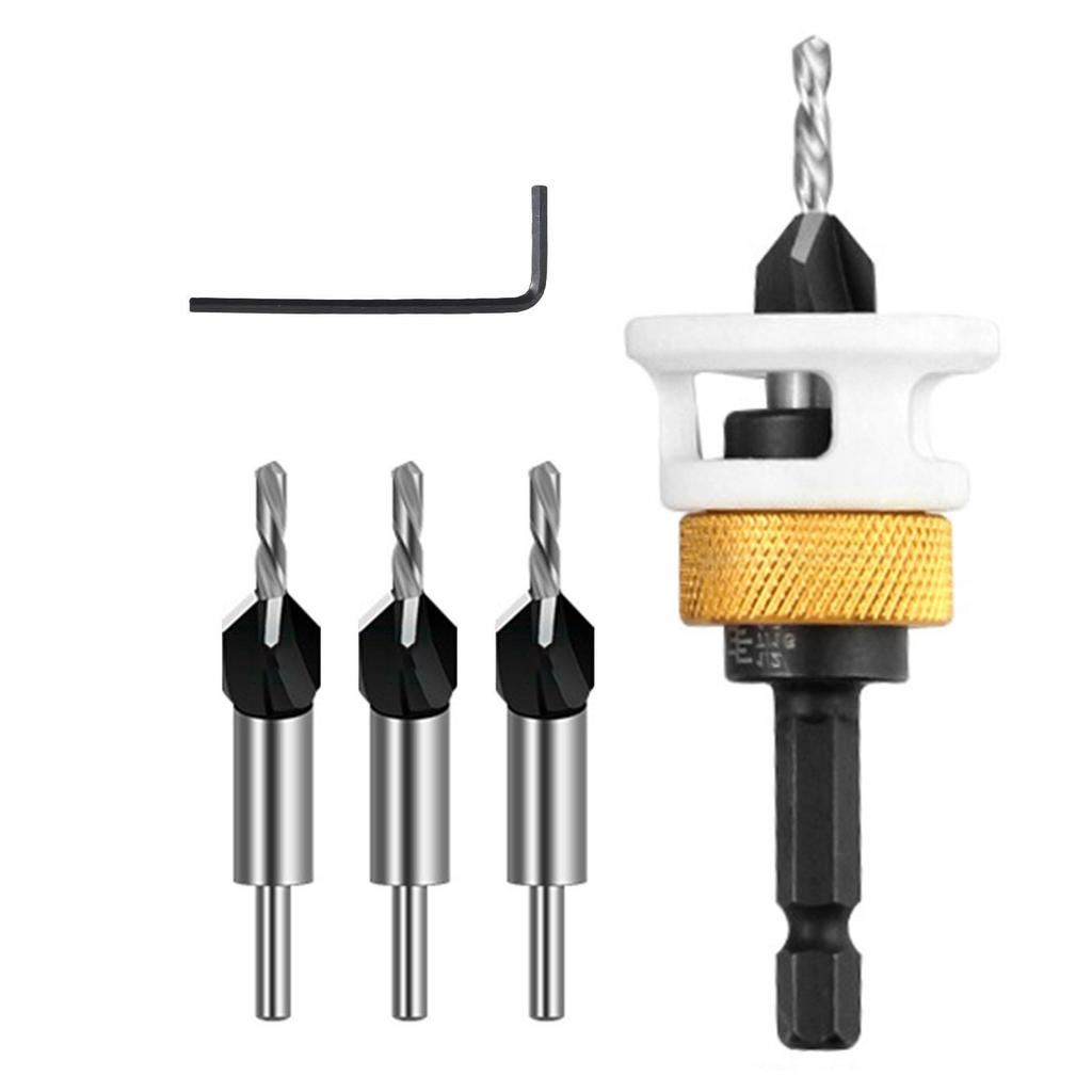 High Speed Woodworking Countersink Drill Bit Set 6542 Steel Four Flute Cone with Adjustable Depth Stop for Woodworkers