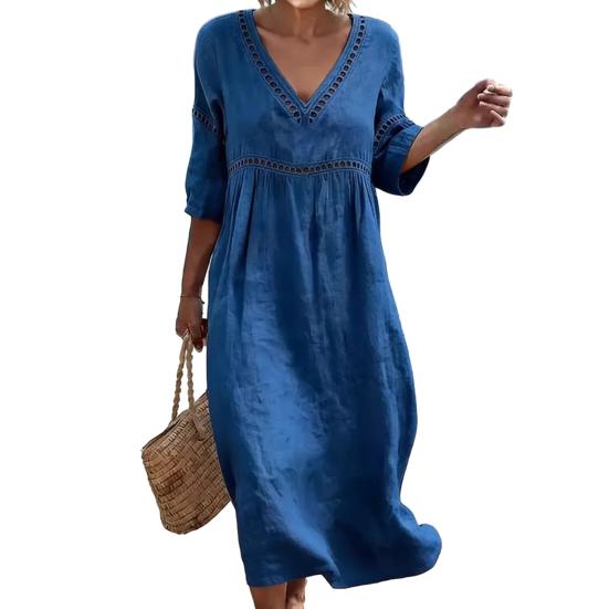 Summer Linen Dress for Women, Casual Beach A-Line Flowy Sundress, Short Sleeve V Neck Hollow Eyelets Long Dress
