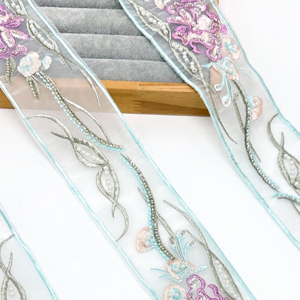 6.5Cm Pastoral Ethnic Style Bead Embroidery Three-Dimensional Flower Barcode Hanfu Neckline Belt Decorative Lace Accessories