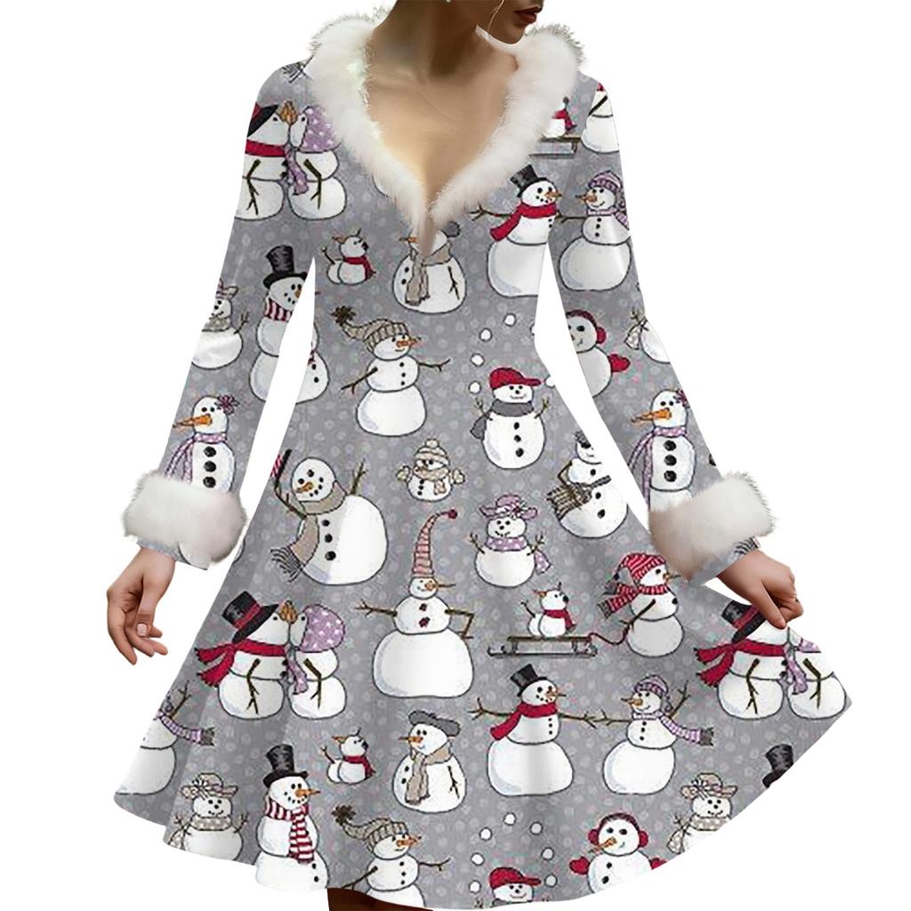 Women's Casual V-neck Christmas Print Plush Long-Sleeve Casual Dress