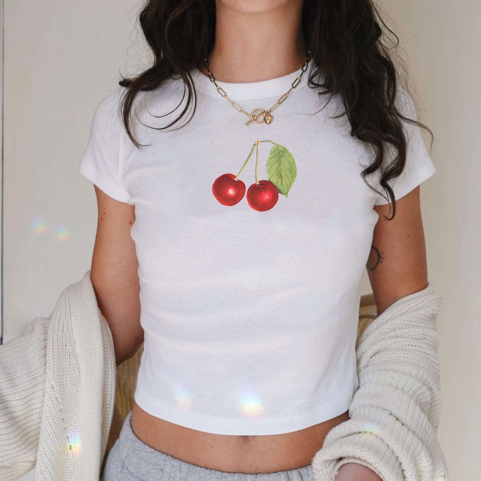 Y2K Cherries Graphic Baby Tee: 90s Crop Top Style XL