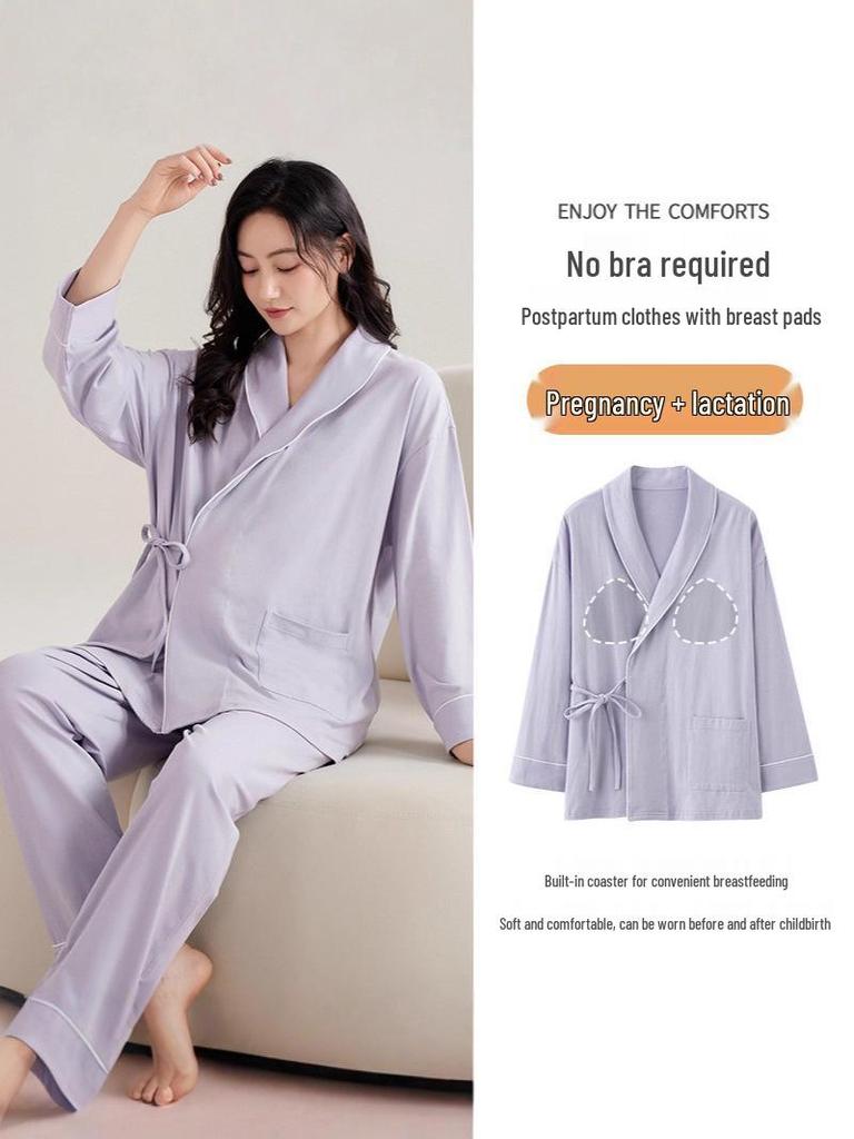 Spring & Autumn Nursing Pajamas for Postpartum Women with Breast Pads