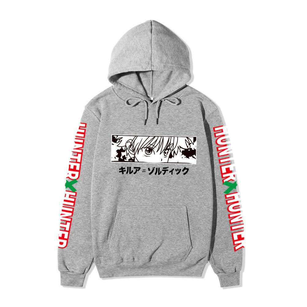 Hunter X Hunter Killua Anime Hoodie Sleeve Letter Print Black Manga Long Sleeve Casual Hooded Pullover Sweatshirt