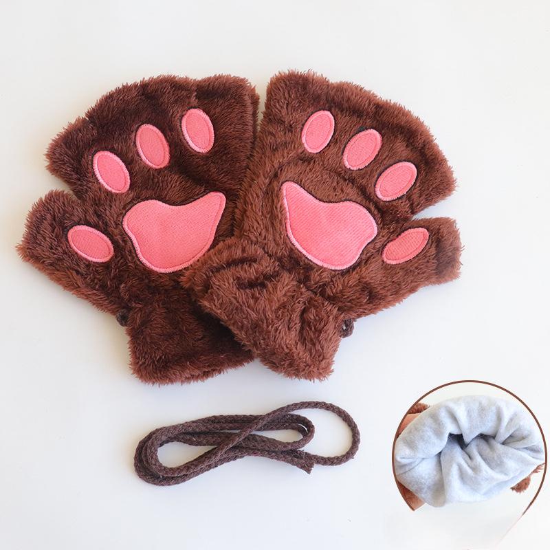 

Cute and Warm Cat Paw Fingerless Gloves, Made of Plush Knitted Fabric, Hand Washable, with Drawstring Closure in Winter кавовий