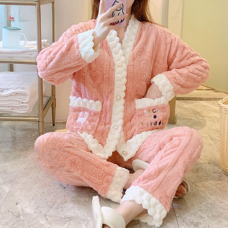 Pyjamas Women's Fall/Winter Coral Velvet Thick Velvet Warm Loose Home Wear Set