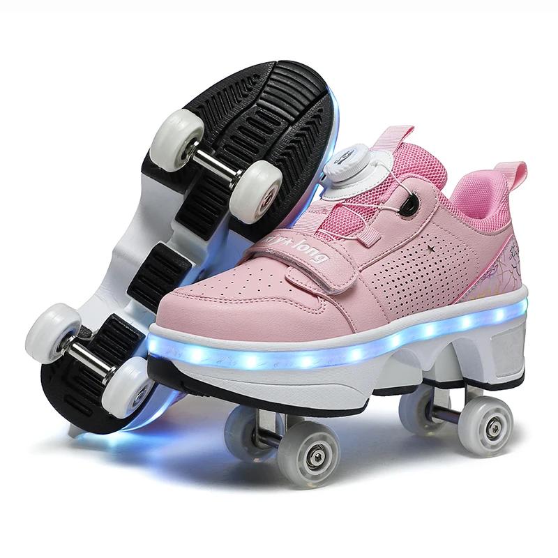 Girls Pink Roller Skate Shoes Sneakers With Wheels Children Rollerskates Fashion Outdoor Sports Shoes Girls Gifts