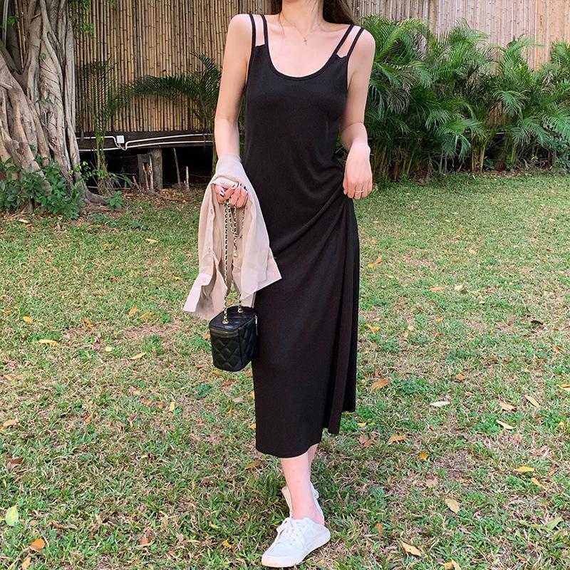 High-end design shoulder strap dress women's new summer loose and slim inner wear over-the-knee vest dress