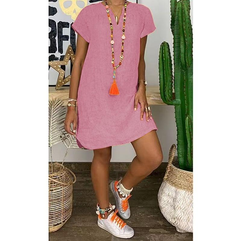 Summer Loose Short Sleeve V-neck Short Dress Women Plus Size Fashion Elegant Thin Party Casual A-line Dress Female Simple Solid Color Women's Clothing