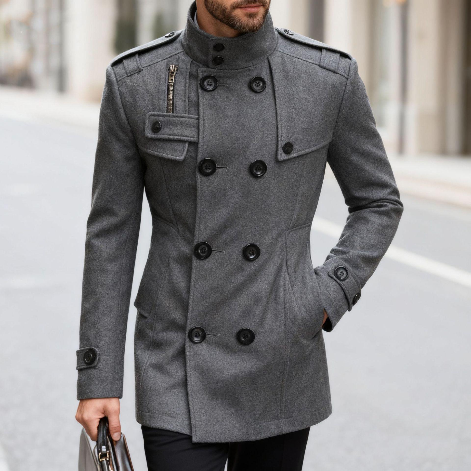 New Double-breasted Woolen Coat Slim-fitting Stand-up