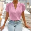 VONDA Summer Women V Neck Short Sleeve Solid Color Casual Blouse Tops