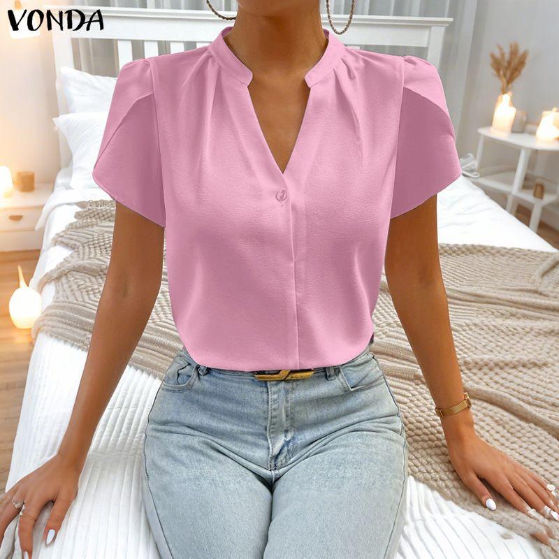 VONDA Summer Women V Neck Short Sleeve Solid Color Casual Blouse Tops