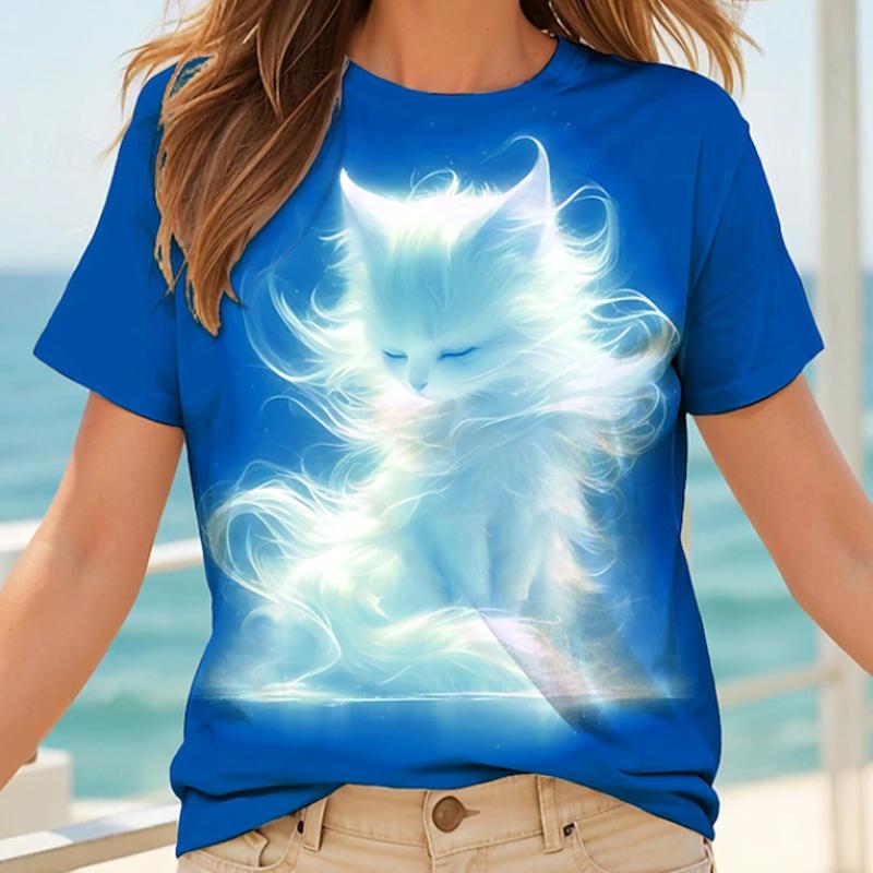 

Жіноча літня футболка Ретро мода Футболки з коротким рукавом Повсякденні Топи з принтом кошеняти 8XL чорний