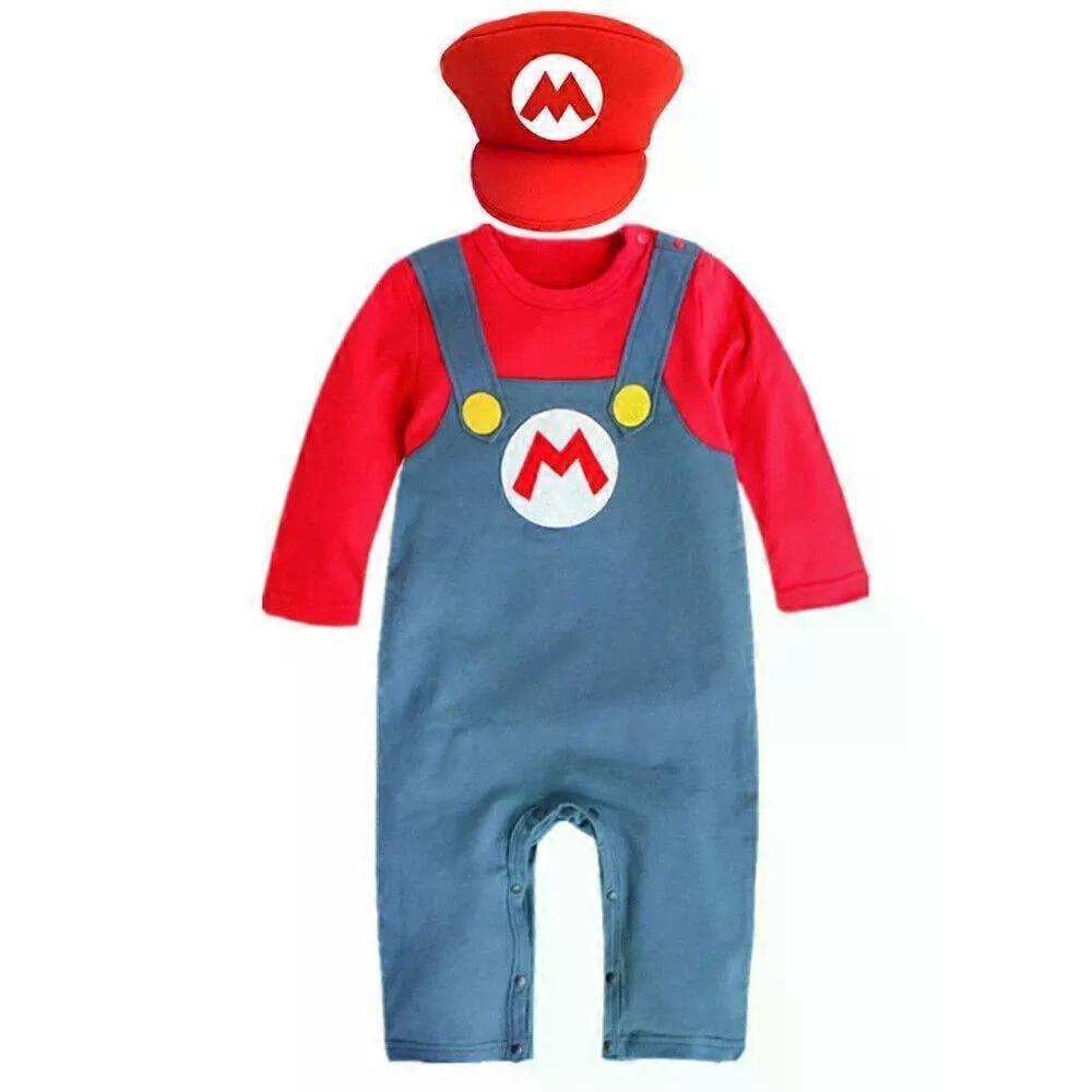 Super Mario Luigi Cosplay Romper Jumpsuit Hat Set Birthday CostumeA