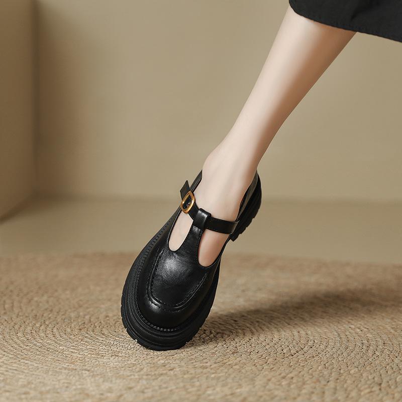British style platform black small leather shoes women's 2025 spring and summer new round head T-buckle with light mouth thick heel loafers